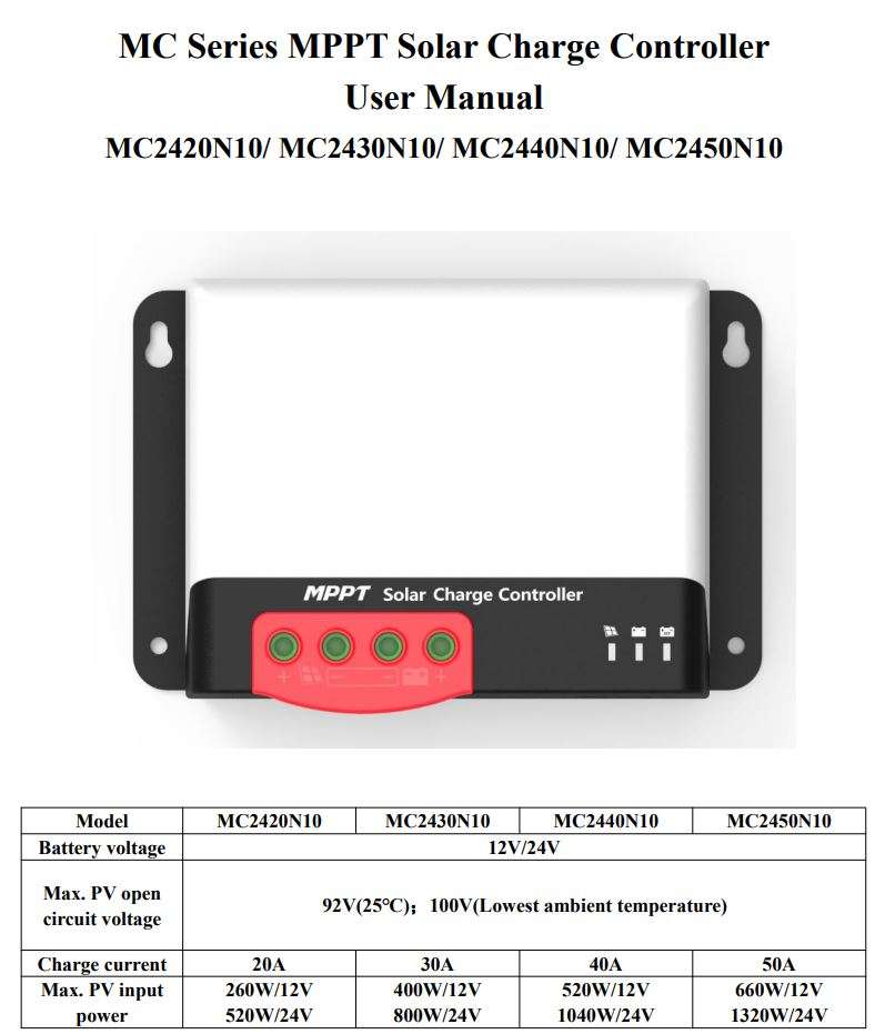 SRNE Solar MC2420N10 MC Series MPPT Solar Charge Controller User Manual