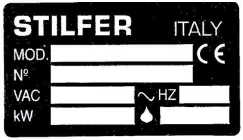 STILFER 527.318 Warm Cabinet Instruction Manual - DATA PLATE