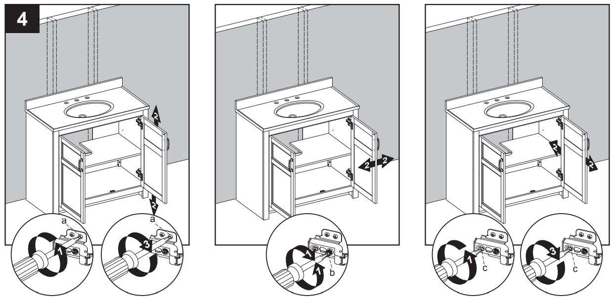 Style SELECTIONS 1678VA-37-292-934 Gray Single Sink Bathroom Vanity Instruction Manual - If you need to adjust the doors, do so in the following manner