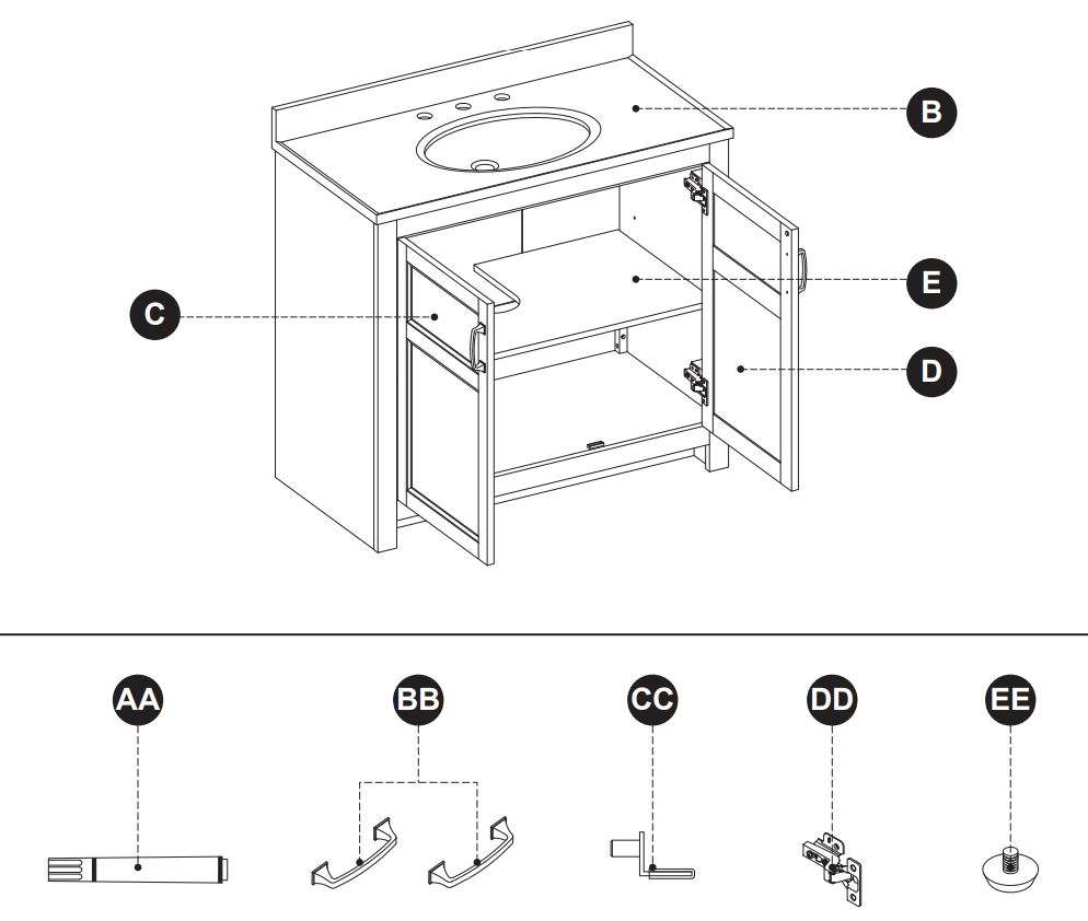 Style SELECTIONS 1678VA-37-292-934 Gray Single Sink Bathroom Vanity Instruction Manual - REPLACEMENT PARTS LIST