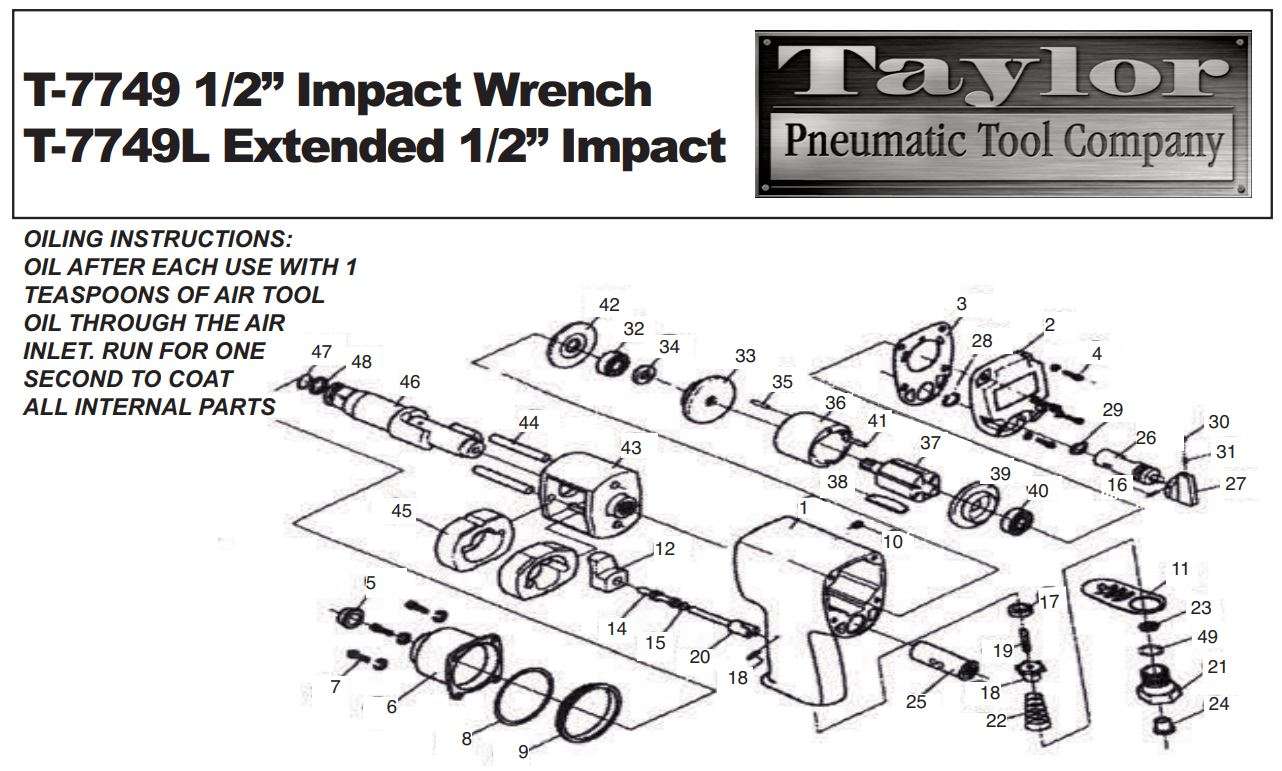 Taylor T-7749 1 2 Inch Impact Wrench T-7749L Extended Instruction Manual