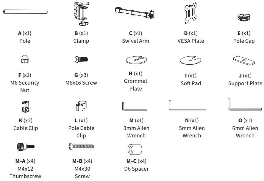 VIVO STAND-V001, STAND-V001W Single Monitor Desk Mount User Manual - PACKAGE CONTENTS