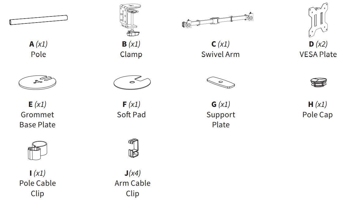 VIVO STAND-V002, STAND-V002W Dual Monitor Desk Mount User Manual - PACKAGE CONTENTS
