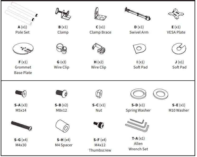 VIVO STAND-V011, STAND-V011W Single Monitor Extra Tall Desk Mount User Manual - PACKAGE CONTENTS