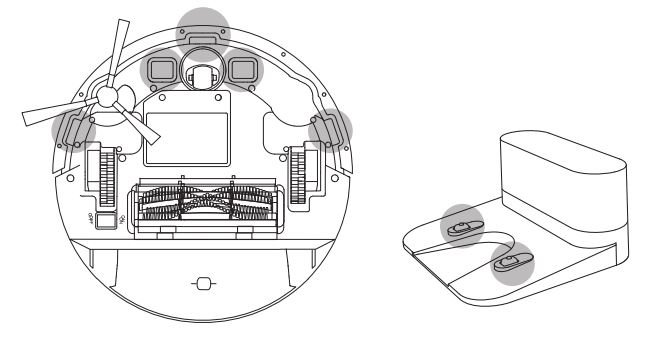 eufy T2257 RoboVac G20 User Manual - Dust off the drop sensors and charging contact pins using a cloth or cleaning brush