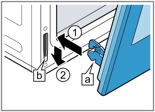 Bosch HGI8056UC 800 Series Gas Slide-in Range 30'' Stainless Steel User Manual - Slide the hinges (a) into the slots (b) as far as they will go (1) and lower the door straight down (2).