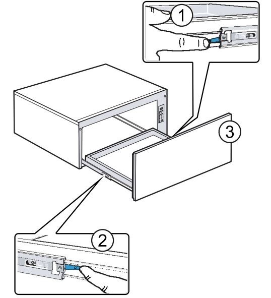 Bosch HGI8056UC 800 Series Gas Slide-in Range 30'' Stainless Steel User Manual - Press down the right drawer release lever (1).