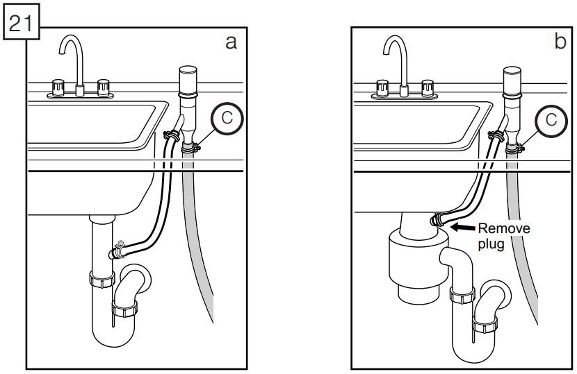 Bosch SHSM63W56N 300 Series Dishwasher 24'' Black User Manual - clamp (C) around end of drain hose BEFORE connecting to the plumbing