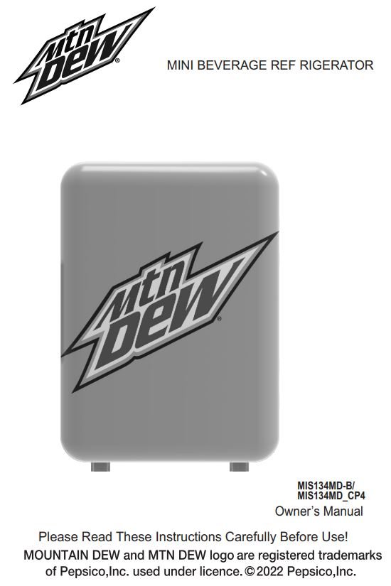 Curtis MIS134MD-B Mountain Dew 6-Can Mini Capacity Cooler Owner's Manual