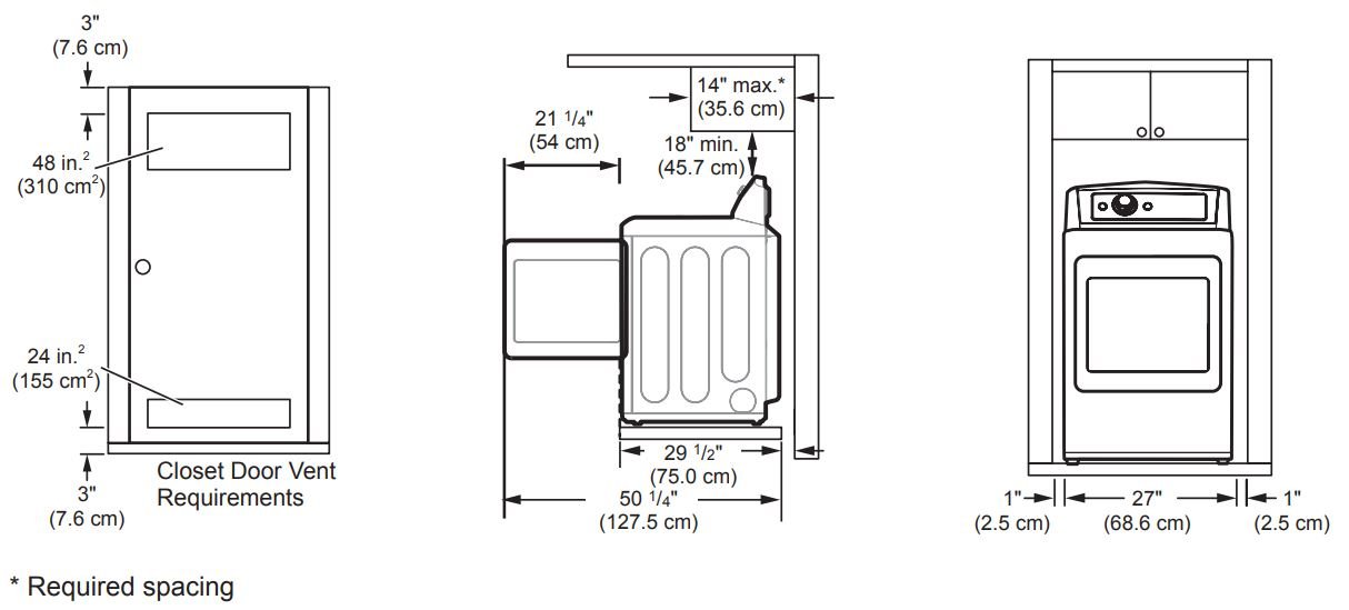 LG DLE7150W Ultra Large Capacity Electric Dryer User Manual - Installation Spacing for Recessed Area or Closet