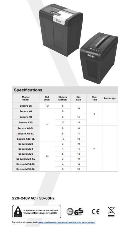 ReXel Secure X8 Cross Cut Paper Shredder Instruction Manual - Specifications