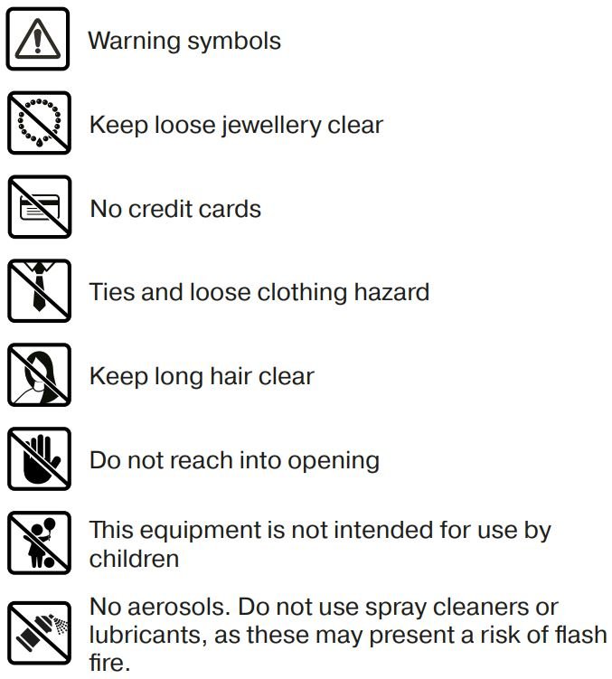 ReXel Secure X8 Cross Cut Paper Shredder Instruction Manual - Warning symbols