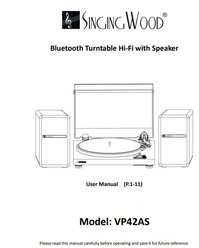 SINGING WOOD VP42AS Bluetooth Turntable HiFi with Speaker User Manual