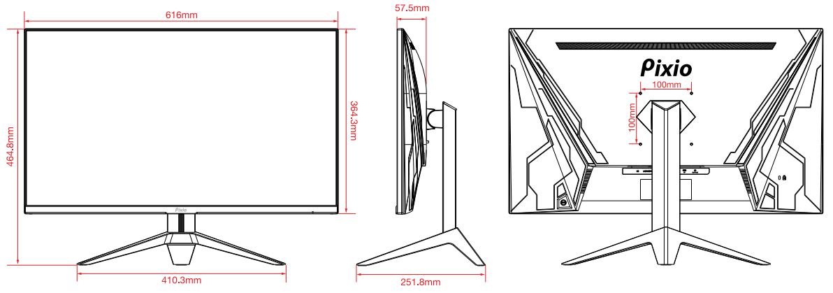 Pixio PX273 Prime 27 Inch 1080p 165Hz IPS Gaming Monitor User Manual - Dimension & Weight