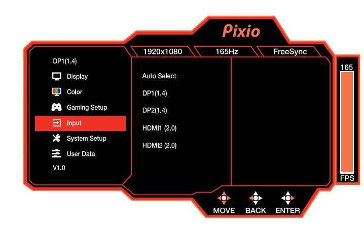 Pixio PX273 Prime 27 Inch 1080p 165Hz IPS Gaming Monitor User Manual - Input