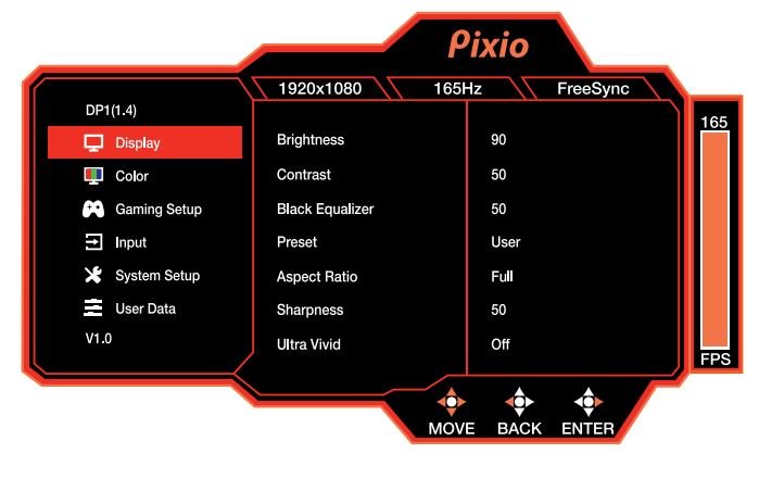 Pixio PX273 Prime 27 Inch 1080p 165Hz IPS Gaming Monitor User Manual - OSD Menu