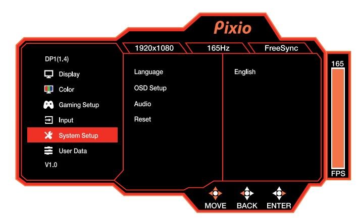 Pixio PX273 Prime 27 Inch 1080p 165Hz IPS Gaming Monitor User Manual - System Setup