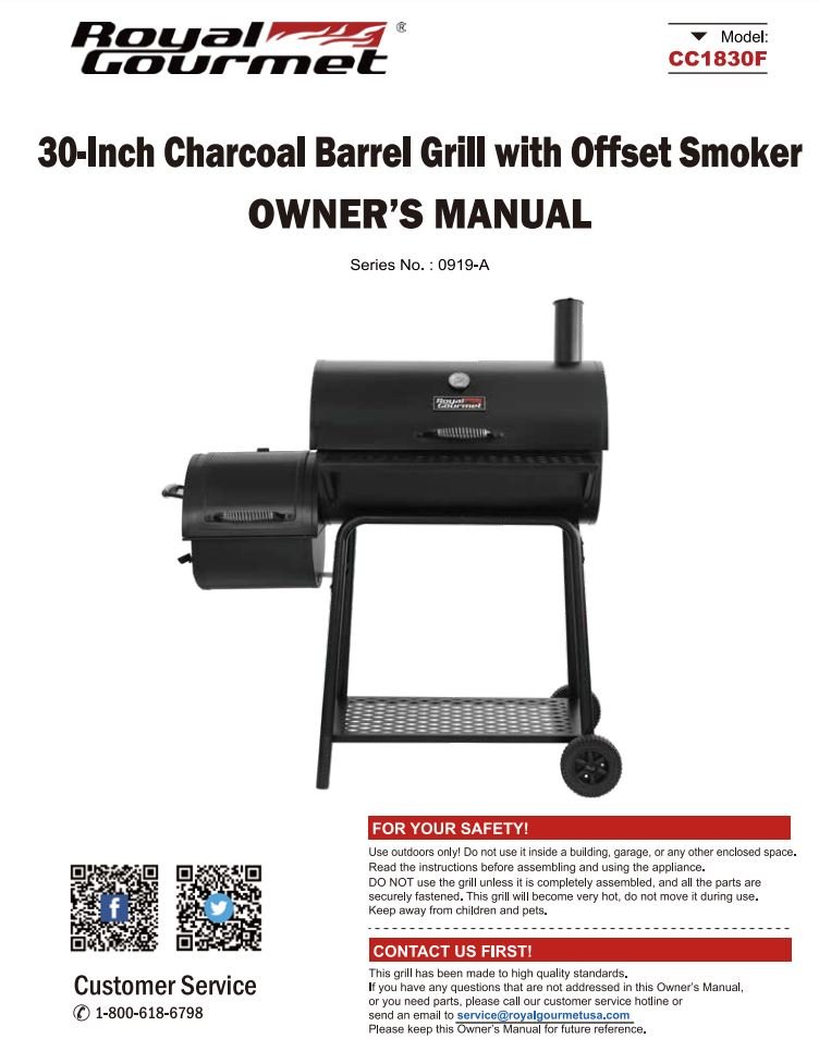 Royal Gourmet CC1830F 30 Inch Charcoal Barrel Grill with offset Smoker Owner's Manual