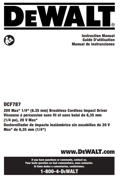 DEWALT DCF787 ATOMIC 20V MAX Cordless Brushless Compact User Manual