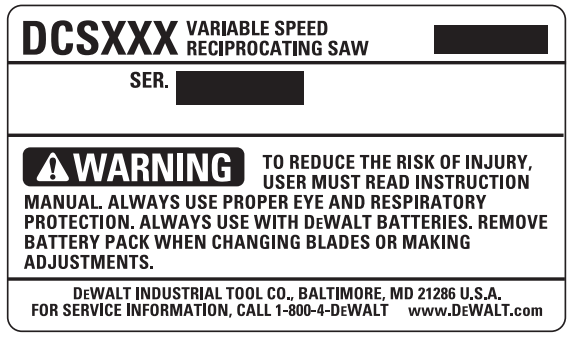 DEWALT DCS380 20V MAX Cordless Reciprocating Saw User Manual - FREE WARNING LABEL REPLACEMENT
