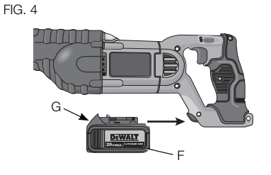 DEWALT DCS380 20V MAX Cordless Reciprocating Saw User Manual - Installing and Removing the Battery Pack (Fig. 4)