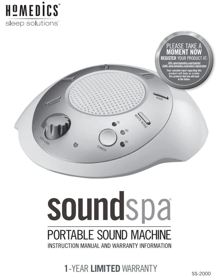 Homedics ss 2000 SoundSleep White Noise Sound Machine User Manual