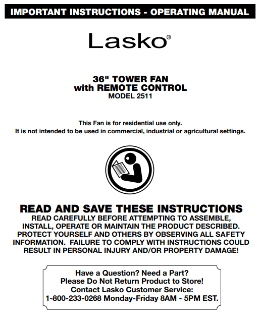 Lasko 2511 36” Oscillating 3-Speed Remote Control Tower Fan User Manual