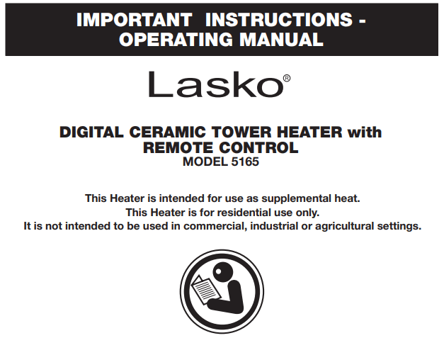 Lasko 5165 Oscillating Digital Ceramic Tower Heater for Home with Overheat Protection User Manual