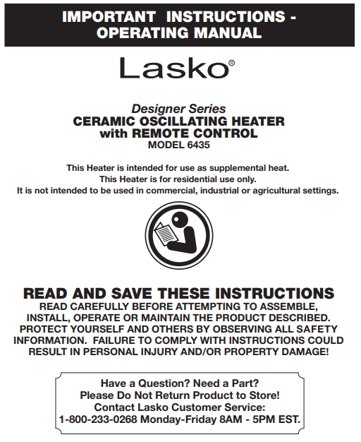 Lasko 6435 Designer Series Ceramic Space Heater with REMOTE CONTROL User Manual