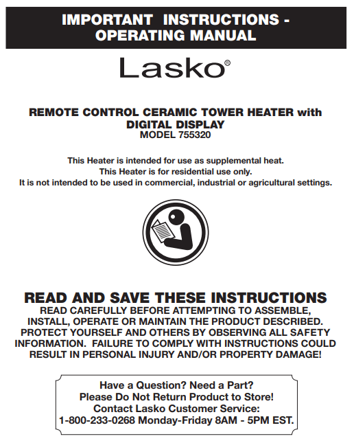 Lasko 755320 Oscillating Digital Ceramic Tower Heater REMOTE CONTROL with DIGITAL DISPLAY User Manual