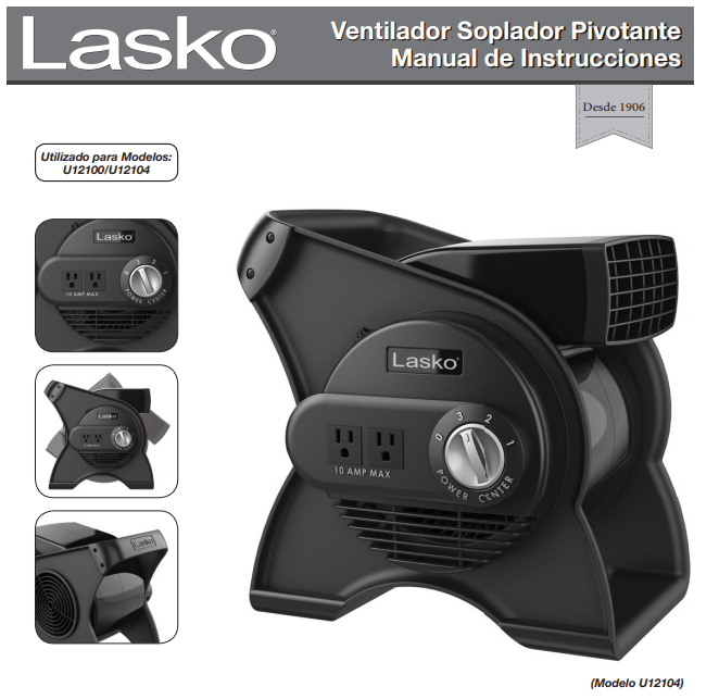Lasko U12104 High Velocity Pro Pivoting Utility Fan for Cooling User Manual - Ventilador Soplador Pivotante Manual de Instrucciones