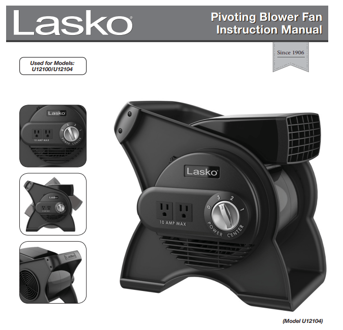 Lasko U12104 High Velocity Pro Pivoting Utility Fan for Cooling User Manual
