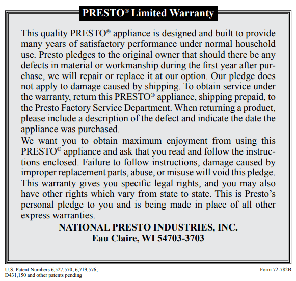 Presto 05420 FryDaddy Electric Deep Fryer, Black User Manual - PRESTO® Limited Warranty