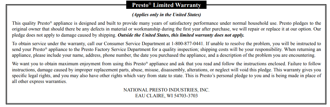 Presto 06006 Kitchen Kettle Multi-Cooker Steamer User Manual - Presto® Limited Warranty