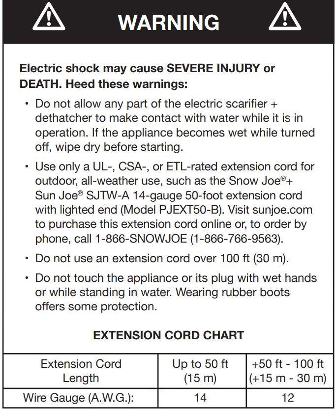 SUNJOE AJ801E-RM Electric Scarifier Dethatcher 12.6-Inch 12-AMP User Manual - EXTENSION CORD CHART