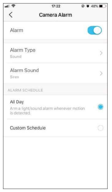 Tp-link Tapo TC70 Pan Tilt Home Security Wi-Fi Camera User Manual - Customize Camera Alarm settings. Choose Alarm Type (Sound Light) and Alarm Sound (Siren Tone), and set Alarm Schedule as needed